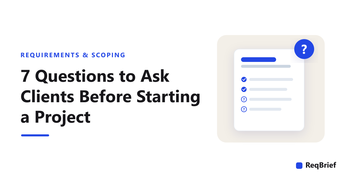 Illustration of a kickoff checklist card where question-mark rows turn into checked answers, next to a large question badge, with the ReqBrief logo.